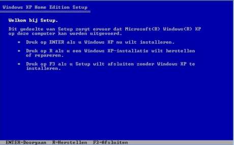 Windows XP Setup: hoofdmenu